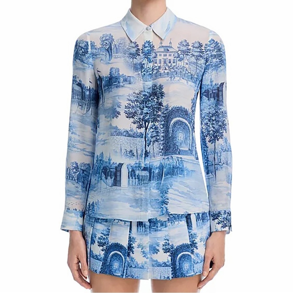 Alice + Olivia Willa Chateau Toile de Jouy Shirt Blouse Silk Blue Floral S